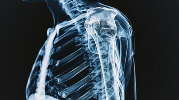 Detailed High-Resolution X-ray Image of Human Shoulder Joint and Rib Cage. Concept of Human Anatomy, Medical Imaging, Bone Structure, Orthopedics photo