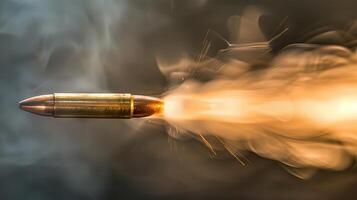 Close-Up of a Flying Bullet with Sparks and Smoke Trail. Concept of Ammunition, Firearms, Ballistics, Shooting Accuracy photo
