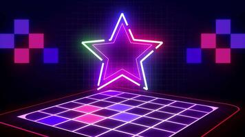 Retro style 80s-90s futuristic grid wireframe backdrop. Digital landscape star neon retro party laser pattern background. video