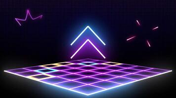 Retro style 80s-90s futuristic grid wireframe backdrop. Digital landscape neon dance style retro party laser pattern background. video