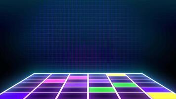 Retro style 90s futuristic grid wireframe backdrop. Digital landscape neon retro party laser background. video