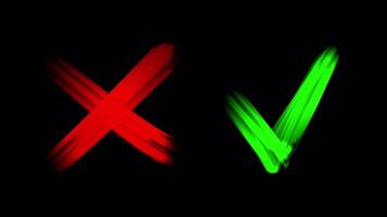 Green tick check mark and red cross X symbol. Yes or No, True or false. Approve and Disapprove Concept. Right and wrong. Before and After. Alpha channel video