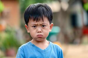 An upset little boy showing his emotions. AI generate photo
