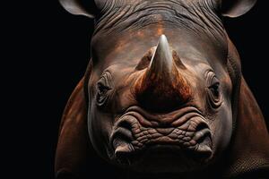 Mesmerizing rhino frontal on a dark brackground. AI generate photo