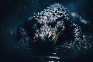 A mesmerizing alligator on a dark background. AI generate photo