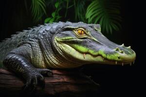 A mesmerizing alligator on a dark background. AI generate photo