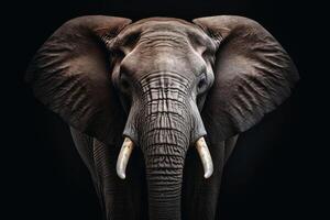 Mesmerizing elephant frontal on a dark background. AI generate photo