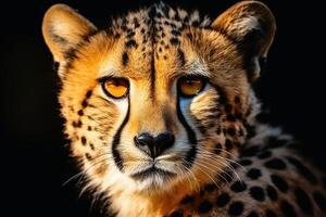 A mesmerizing cheetah on a dark background. AI generate photo