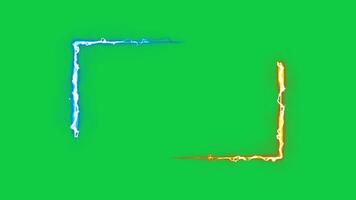 Blue and orange electric arc energy trail moving to rectangle shape frame transition effect loop animation on green screen background video