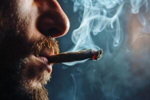 Close up of a man smoking a big weed joint with some cannabis smoke. AI generate photo