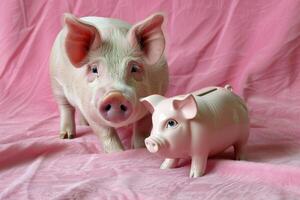 A real pig next to a piggy bank as a symbol for luck and wealth. AI generate photo