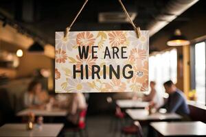 Indoor cafe with floral We are hiring sign, warm ambiance, blurred figures photo