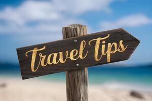 Wooden signpost with Travel tips in golden cursive, blurred beach, blue sky photo