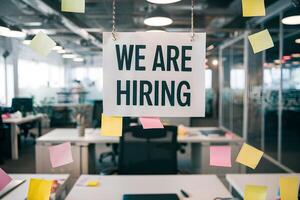 Office setting with We are hiring sign above a desk, open workspace photo
