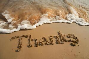 Sandy beach with Thanks written in wet sand, gentle waves, warm sunlight photo