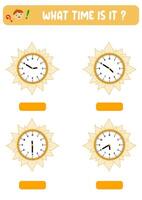 What time is it. Learning time on the clock. Educational activity worksheet for kids and toddlers, preschool game, puzzle with clock, education game for children. vector