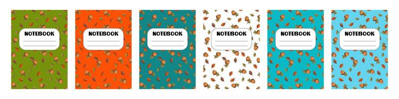 A set of cover templates for a notebook featuring an acorn. Fall stationery. vector