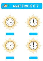 What time is it. Learning time on the clock.Educational activity worksheet for kids and toddlers, preschool game, puzzle with clock, education game for children. vector