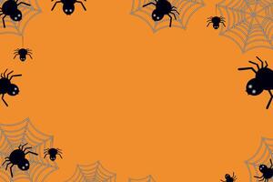 Halloween background with spiders and cobwebs on an orange background. Decoration for the holiday. vector