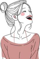 a laughing girl with a bun hairstyle in a loose top, minimal and modern design vector