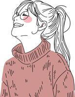 a smiling girl with glasses in a cozy sweater looking upward, simple line art design vector