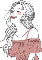 a smiling girl with long flowing hair in an off-shoulder top, minimal line art design vector