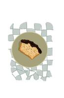 Illustration of cake with chocolate topping on a plate and tablecloth vector