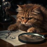 a cat looking at a magnifying glass and a paper photo