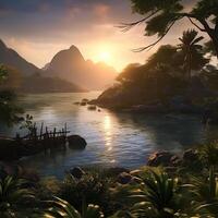 the sun is setting over a river and mountains photo