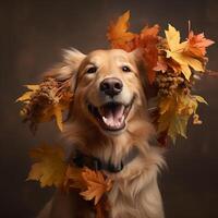 a golden retriever is smiling while holding a bunch of autumn leaves photo