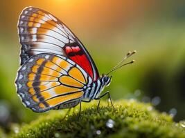 A vibrant butterfly perched on lush green moss, bathed in soft sunlight photo