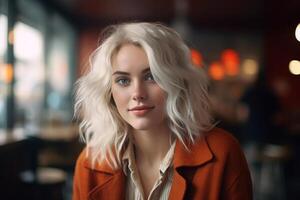 Portrait of a beautiful young woman with wavy white hair and a warm smile, set against a softly lit background photo