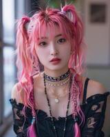 Close Up of a Pink Haired Idol Girl with Pigtails and Beaded Necklaces photo