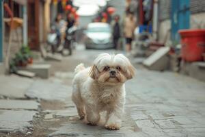 Shih Tzu Dog Walking on a Traditional Hutong Street in Beijing photo