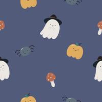 Happy Halloween seamless pattern with ghost, pumpkin, mushroom fly agaric, spider. Flat background. Halloween design. Creative texture for fabric, wrapping, textile, wallpaper, apparel. vector