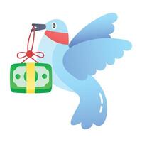 Sending money through bird, flat icon vector