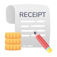 Receipt with pencil and coins, flat icon vector