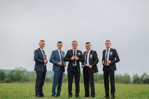 A group of five men are standing in a field, all wearing suits and ties. They are posing for a photo, with one man holding a wine glass. Scene is formal and elegant photo