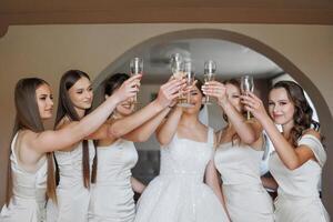 A group of women are celebrating a wedding, with one of them holding a glass of champagne. The bride is in the center of the group, surrounded by her bridesmaids. Scene is joyful and celebratory photo