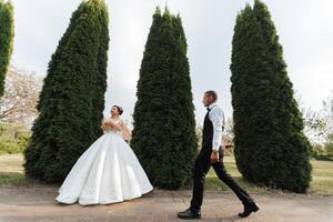 A bride and groom are standing in front of a row of trees. The bride is wearing a white dress and the groom is wearing a black suit. They are both smiling and seem happy photo