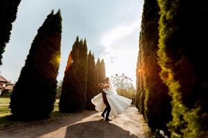 A couple is posing for a picture in front of a row of trees. The man is holding the woman's hand and they are both smiling. The trees are tall and green, creating a sense of privacy photo