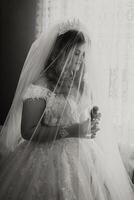 A woman in a wedding dress is standing in front of a window, holding a microphone. She is wearing a tiara and veil, and the dress is white. Concept of elegance and celebration photo