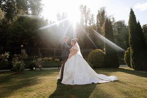 A bride and groom are standing in a grassy field, with the sun shining on them. The bride is wearing a long white dress and the groom is wearing a suit. The scene is peaceful and romantic photo