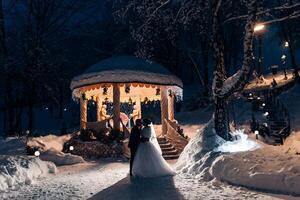 A couple is standing in the snow outside of a gazebo. The bride is wearing a white dress and the groom is wearing a suit. The scene is set in the winter and the couple is posing for a picture photo