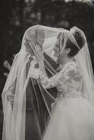 A bride and groom are hugging under a veil. The bride is wearing a white dress and the groom is wearing a suit. The scene is intimate and romantic photo