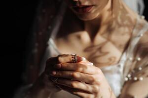 A woman is holding a ring in her hand. The ring is gold and has a diamond in the center. The woman is wearing a white dress and a veil. Concept of elegance and sophistication photo
