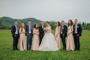 A group of people are posing for a photo in a field. The bride and groom are in the center of the group, with the other people standing around them. The bride is wearing a white dress