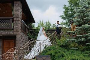 A bride and groom are standing on a stone staircase in front of a house. The bride is wearing a white dress and the groom is wearing a black suit. They are holding hands and smiling at the camera photo