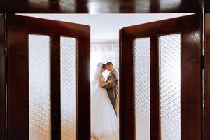 A bride and groom are kissing in front of a door. Scene is romantic and intimate photo