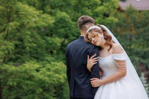 A bride and groom are hugging each other in a lush green field. The bride is wearing a white dress and a veil, while the groom is wearing a suit. The scene is peaceful and romantic photo